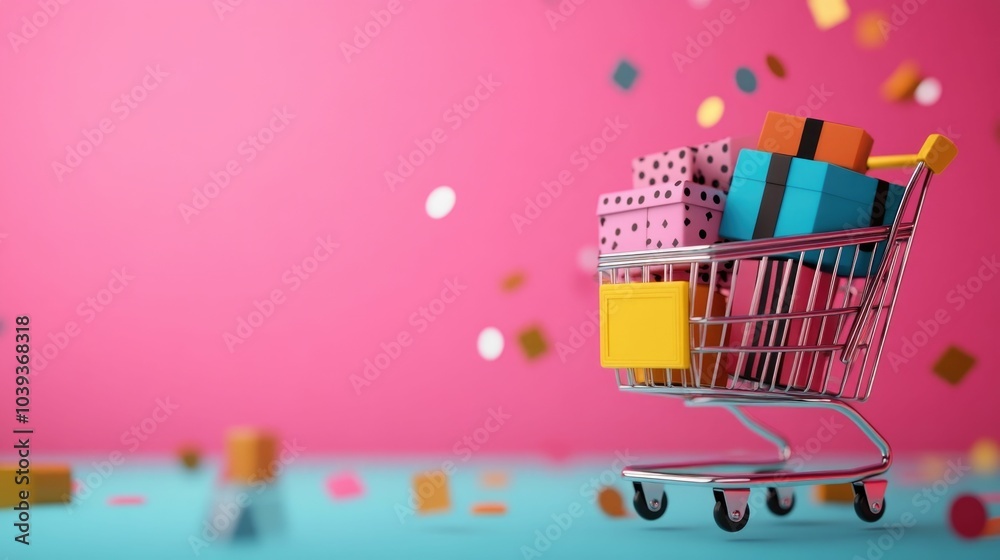 Dynamic of a shopping cart overflowing with a variety of electronics and gifts surrounded by swirling Cyber Monday discounts and deals against a deep depth of field background Dynamic of a shopping cart overflowing with a variety of electronics and gifts surrounded by swirling Cyber Monday discounts and deals against a deep depth of field background