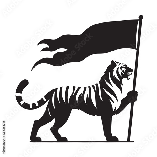 Silhouette of a tiger holding a flag.