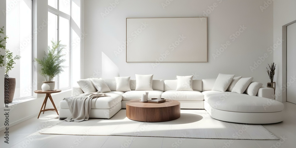 A modern living room with a large white sectional sofa, a round wooden coffee table, and two framed wall art pieces. A modern living room with a large white sectional sofa, a round wooden coffee table, and two framed wall art pieces.