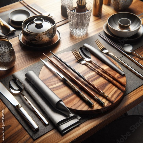 Dinner table with sleek wood and chrome chopsticks placed neatly photo