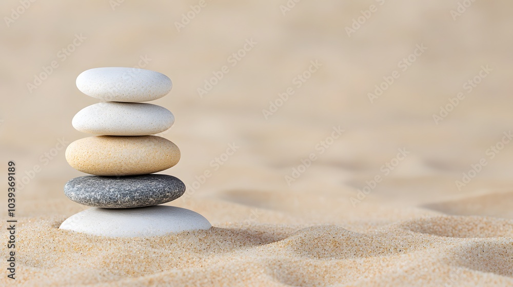 A Harmonious Balance of Smooth Stones on Soft Sand in a Serene Zen Garden Setting. Stress Management Concept A Harmonious Balance of Smooth Stones on Soft Sand in a Serene Zen Garden Setting. Stress Management Concept