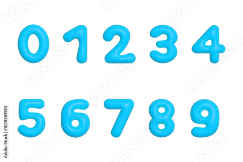 Light blue 3d plastic inflated balloon Y2K style numbers isolated on white background