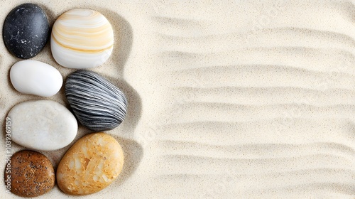 A Tranquil Zen Garden Displaying Beautiful Stones on Perfectly Raked Sand Patterns for Relaxation. Stress Management Concept photo