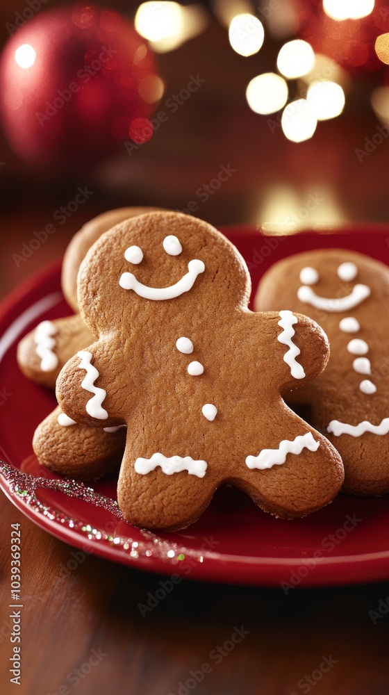 An empty scene featuring vanilla frosting-covered gingerbread men placed on a festive holiday plate, An empty scene featuring vanilla frosting-covered gingerbread men placed on a festive holiday plate,