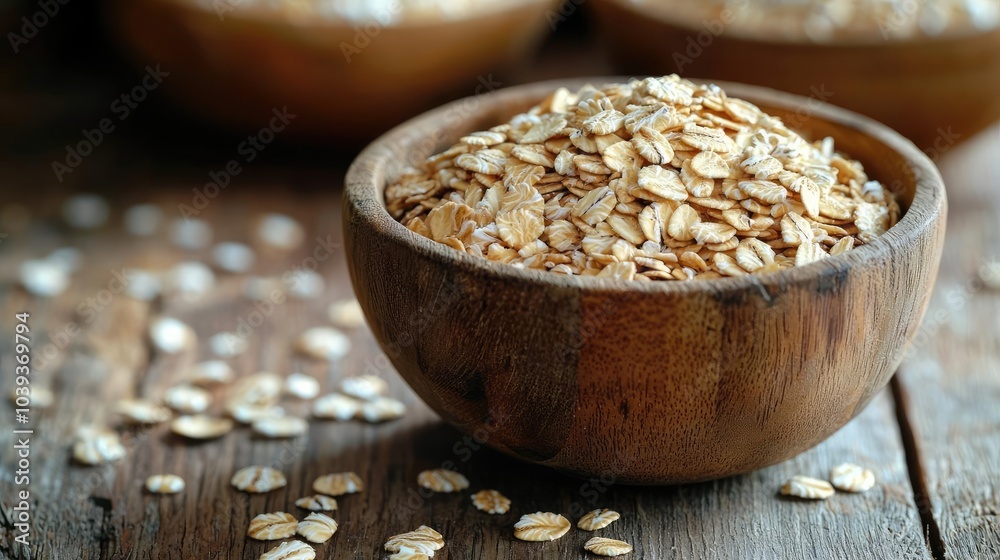Oats in a wooden bowl, rustic setting with scattered oats on a wooden surface. Oats in a wooden bowl, rustic setting with scattered oats on a wooden surface.