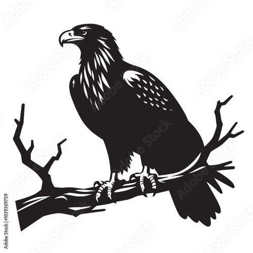 Silhouette of an eagle perched on a branch.