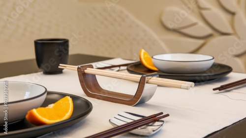 Dinner table with sleek wood and chrome chopsticks placed neatly photo