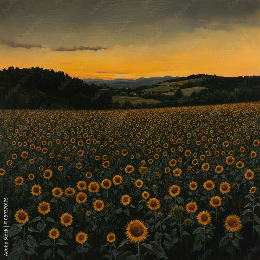 Obraz premium Landscape with sunflower field at dusk