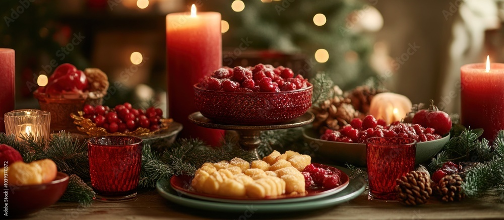 Festive table setting with red candles, berries, desserts, and Christmas decor. Festive table setting with red candles, berries, desserts, and Christmas decor.