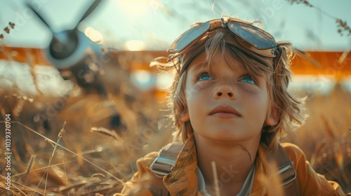 The boy dreams of becoming a pilot. The boy in front of the plane in the field photo