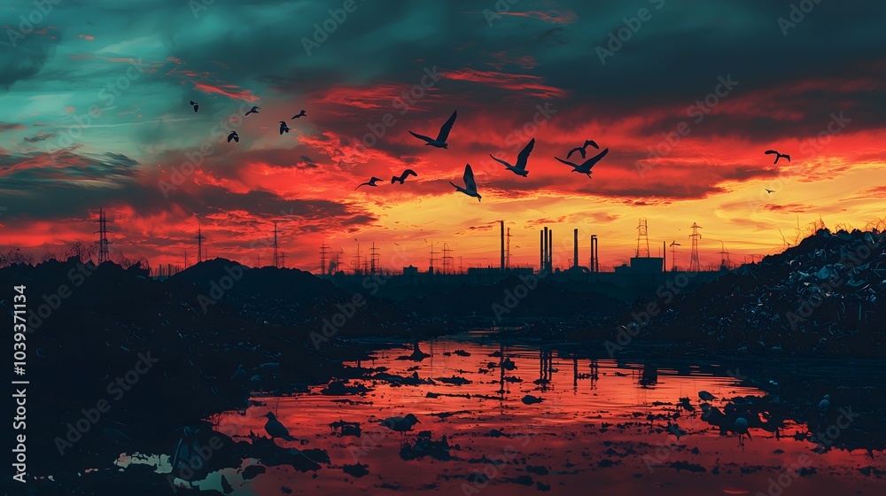 A dazzling sunset over a polluted landfill nature's beauty meets industrial waste in a striking contrast A dazzling sunset over a polluted landfill nature's beauty meets industrial waste in a striking contrast
