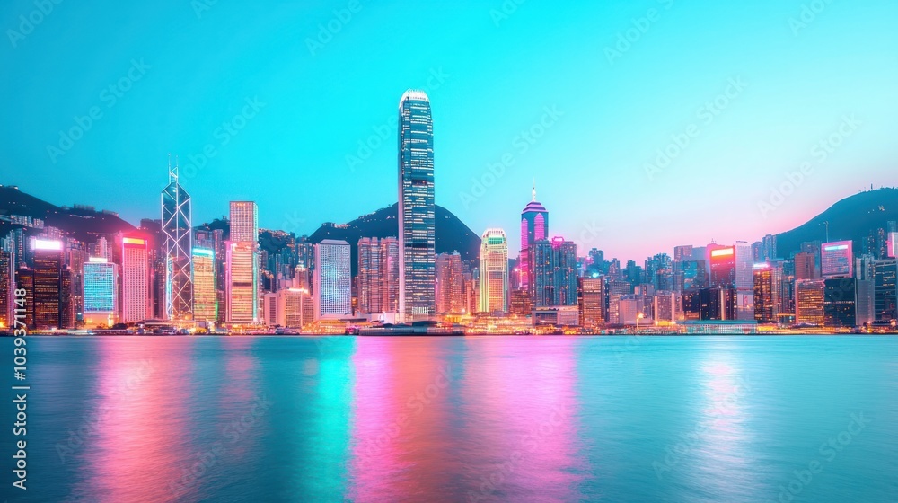 Fototapeta premium Stunning Twilight View of Hong Kong Skyline with Vibrant Colors and Reflections in the Water