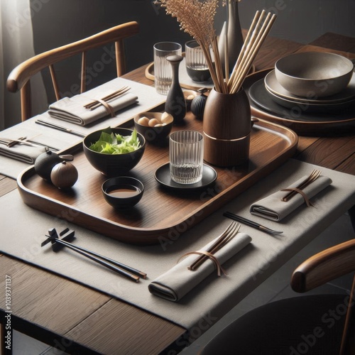 Dinner table with sleek wood and chrome chopsticks placed neatly photo