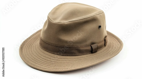 Khaki Wide Brimmed Trekking Hat with UV Protection Isolated on White Background with Deep Depth of Field Ideal for Outdoor Adventure Hiking and Exploring