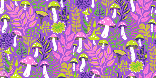 Half Drop Seamless Pattern of Stylized Mushrooms and Foliage in Neon Purple Pink, Yellow Green and White . Design for Textiles, Fabrics, Fashion Prints, Wrappings, Wallpapers, Covers.