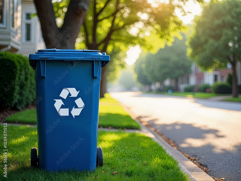 Blue recycling bin with a white recycling symbol on it sits on the sidewalk ne Blue recycling bin with a white recycling symbol on it sits on the sidewalk ne