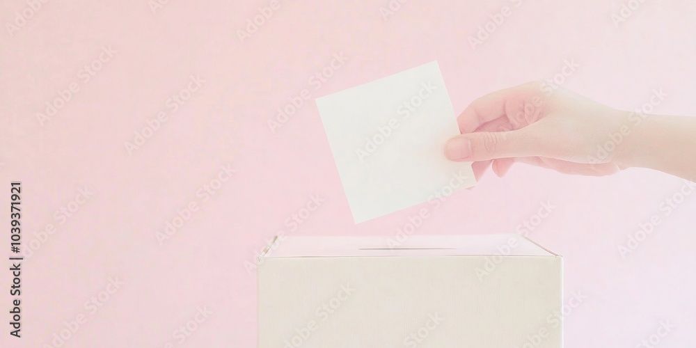 Minimalist Voter Participation Hand Presenting Ballot in Soft Pastel Background Minimalist Voter Participation Hand Presenting Ballot in Soft Pastel Background