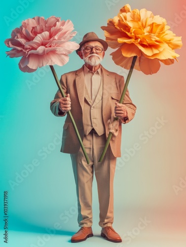 Very tall old man grandpa standing with giant flowers. Creative old people concept