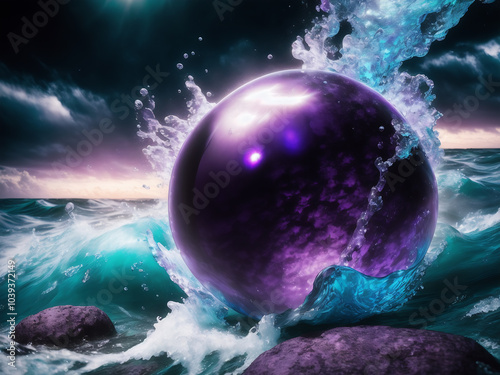 giant glass globe splashed by ocean