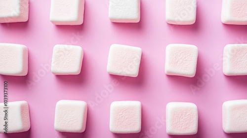 Flat lay photography of bright and soft marshmallows arranged in a precise grid pattern on a soft pastel purple background in an editorial and minimalist style with a deep depth of field