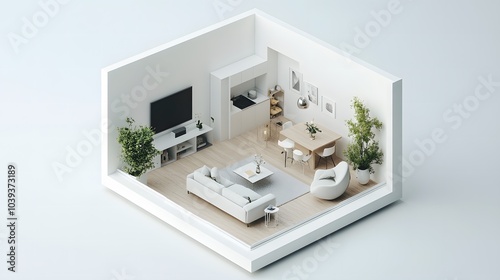 High-Angle View of 3D White Cube House: Simple, Minimalist Interior Design