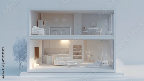3D Render of Minimalist White Cube House with Modern Interior Design