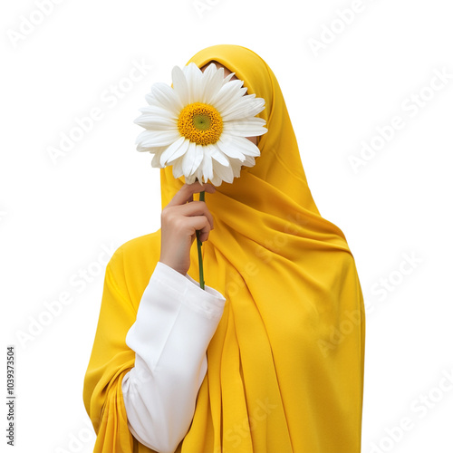 Cheerful Hijab Clad Woman Holding a Yellow Item photo