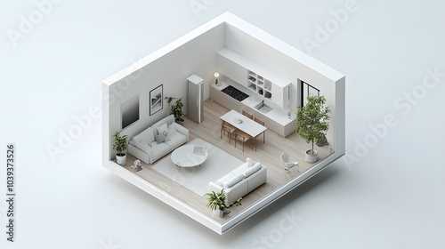 3D Miniature White Cube House with Living Room, Dining Area, and Kitchen Inside