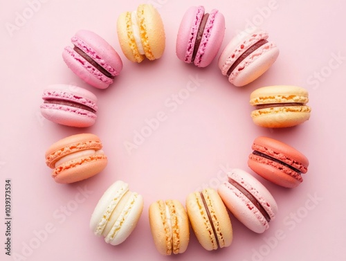 Wallpaper Mural Top view of pastel colored macarons and meringues arranged in a circular pattern on a soft pink background with a minimal photography deep depth of field effect to create a delicate Torontodigital.ca