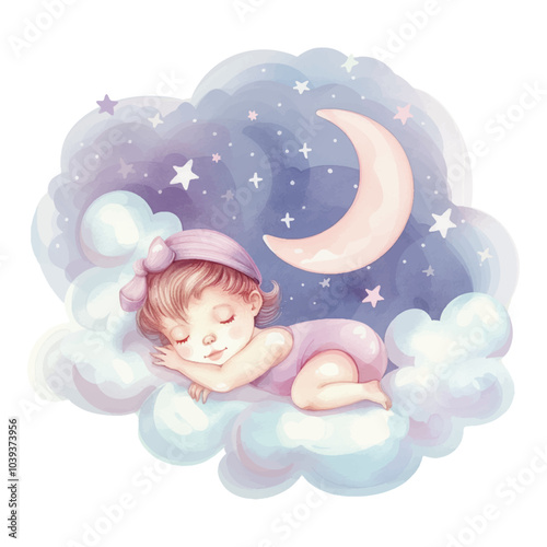 Cute baby shower watercolour with sleeping newborn on cloud. For baby girl