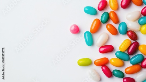 Flat lay of bright vibrant jelly beans scattered on a clean white background with a minimal and simple layout showcasing the delicious confectionery in an overhead studio style composition