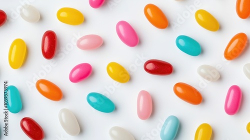 Vibrant and colorful jelly beans scattered in a heap on a plain white background showcasing a minimal and editorial style layout with deep depth of field