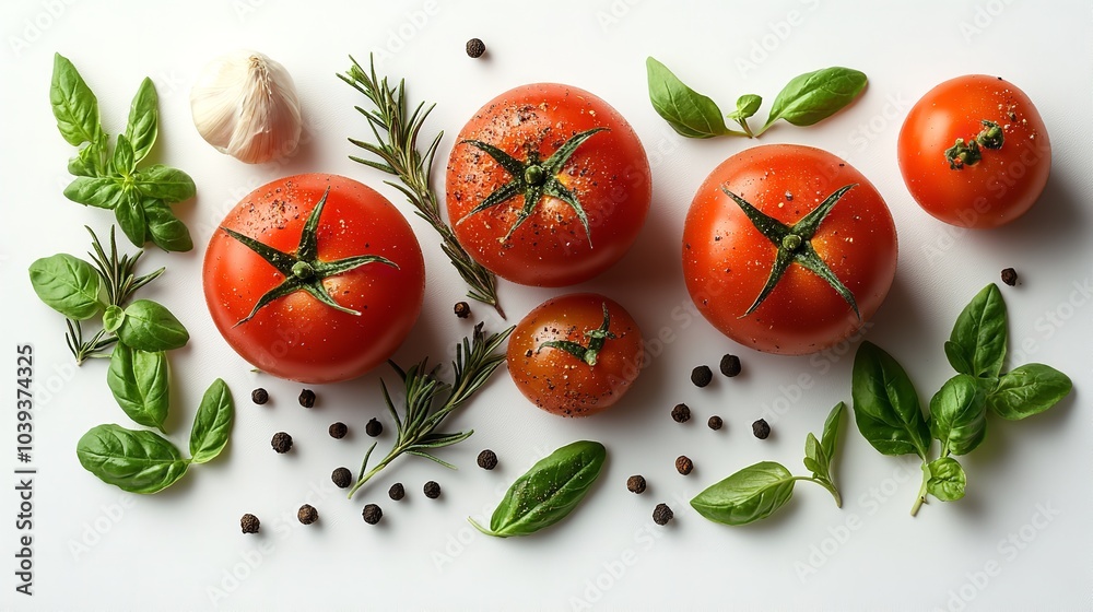 fresh tomato, herbs and spices isolated on white background, top view. fresh tomato, herbs and spices isolated on white background, top view.