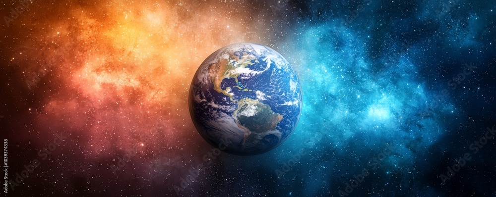 Obraz premium A vibrant cosmic scene featuring Earth surrounded by colorful space, blending shades of orange and blue, evoking a sense of wonder and exploration.