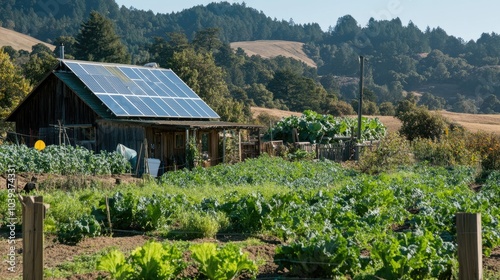 Sustainable Farm With Solar Panels and Green Vegetables