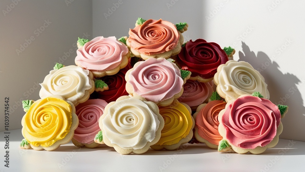 An artistic display of rose-shaped cookies with intricate frosting designs and vibrant colors for Valentine's Day, creating a festive and creative mood An artistic display of rose-shaped cookies with intricate frosting designs and vibrant colors for Valentine's Day, creating a festive and creative mood