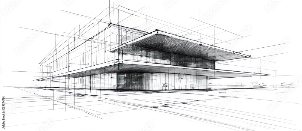 Fototapeta premium Linear architectural sketch highlighting innovative design perspectives of a modern structure.