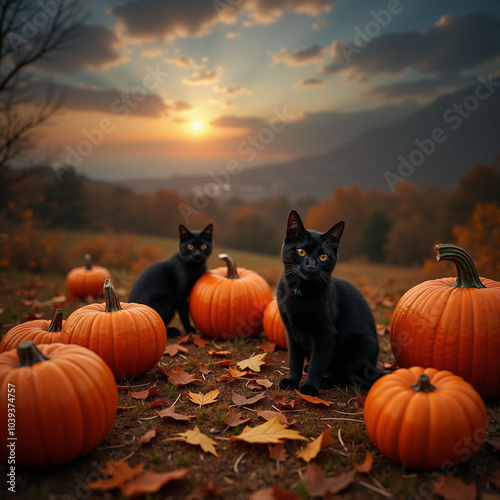 black cats and pumpkins on autumn background for halloween