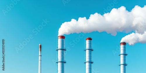 Factory smokestacks emit white smoke against a clear blue sky, highlighting industrial activity and environmental concerns.