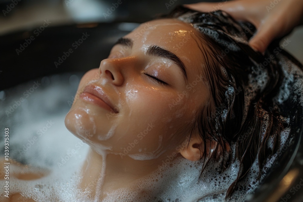 Woman getting hair wash done at salon, Generative AI Woman getting hair wash done at salon, Generative AI