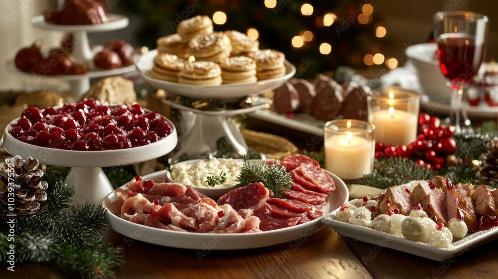Festive Dining Table with Holiday Delicacies Festive Dining Table with Holiday Delicacies