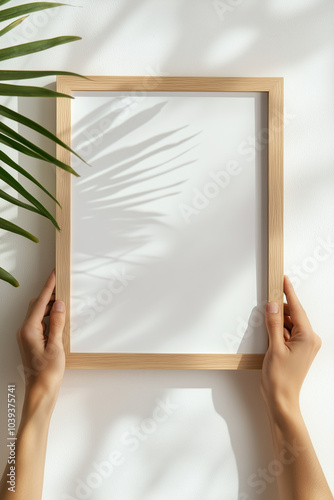 A mockup of an empty wooden frame on the wall with hands holding it