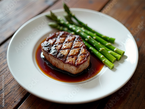 Piece of meat is on a plate with asparagus and sauce