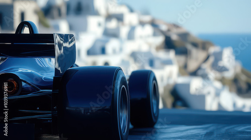 Navy Blue F1 Car Close-Up: Sharp Rear Wing Detail Against Santorini White Buildings and Aegean Sea in Intense Midday Mediterranean Light. Cinematic Realism.