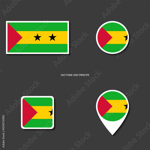 São Tomé and Príncipe flag icon set in different shape (rectangle, circle, square and marker icon) on dark grey background. São Tomé and Príncipe sticker icon collection on barely dark background