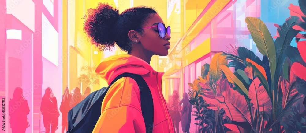 A young woman with a bright orange jacket walks through a vibrant city,  with tropical foliage, a backpack and sunglasses.