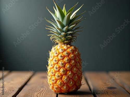 Pineapple sits on a wooden table photo