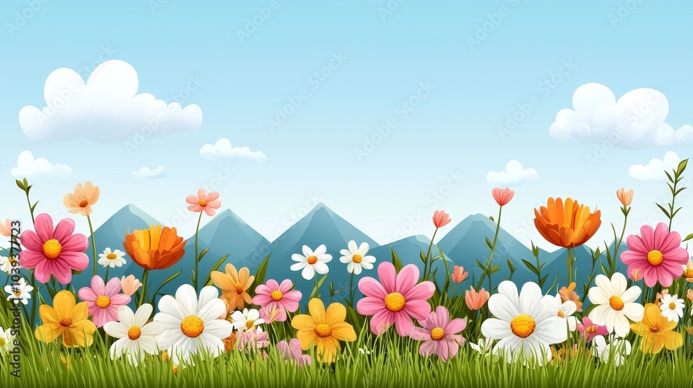 A vibrant landscape featuring colorful flowers in a grassy field with mountains and a blue sky with clouds.