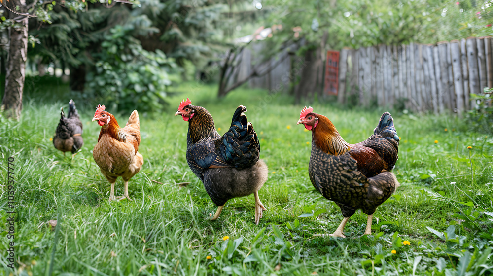 Fototapeta premium Hens feeding outside in the grass yard