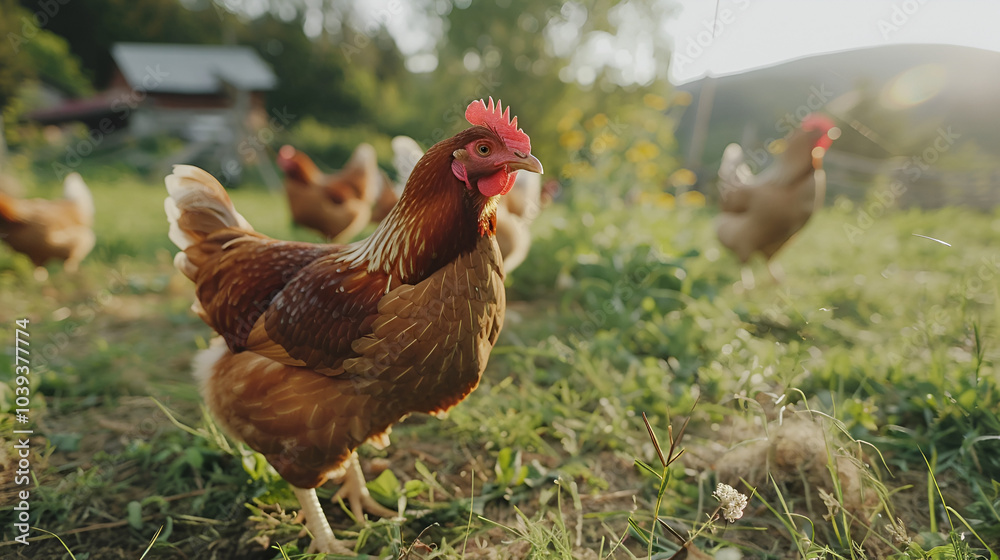Fototapeta premium Hens feeding outside in the grass yard